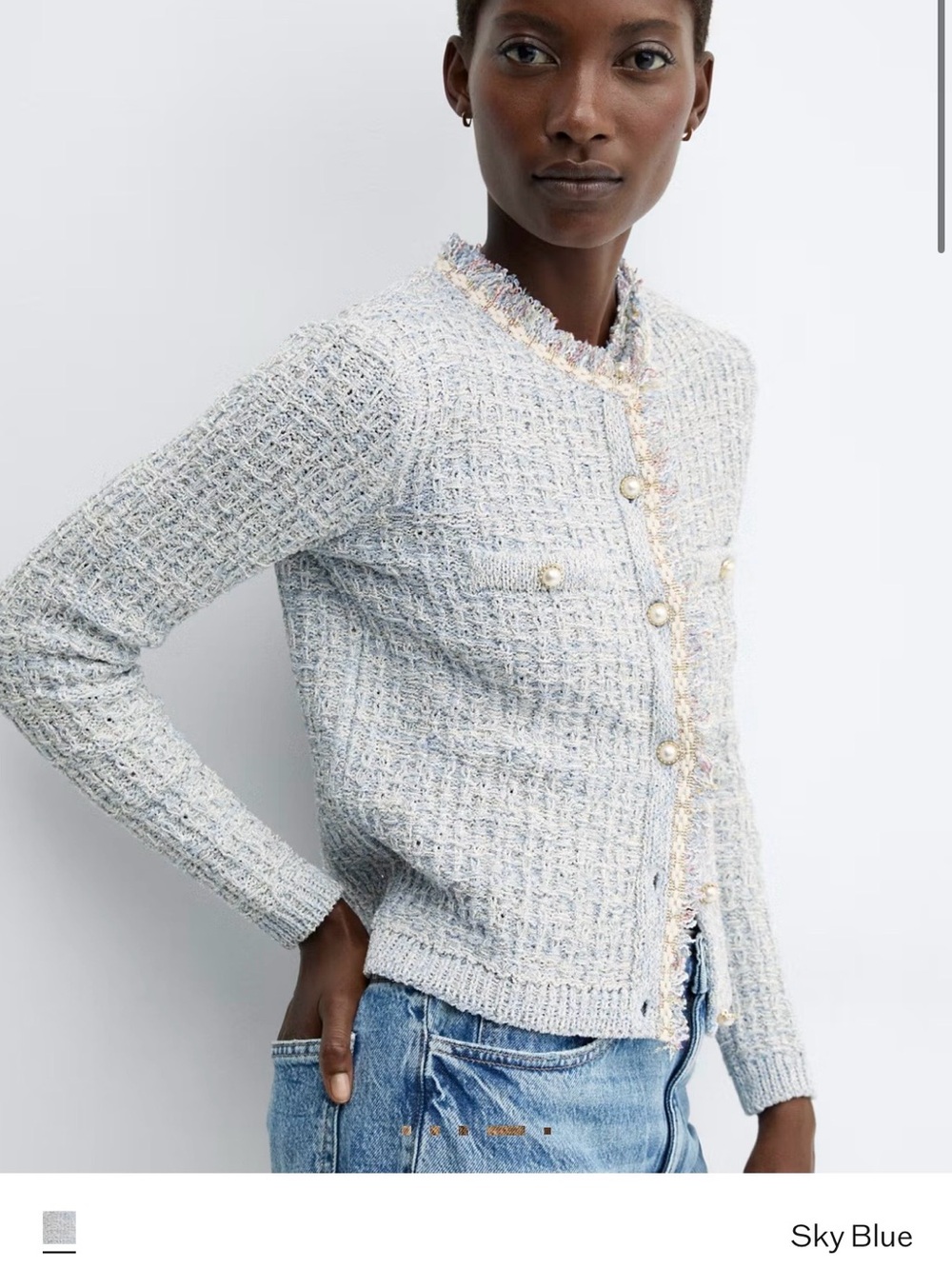 Mango Light Blue Tweed Jacket with Pearl & Gold-Trim Button